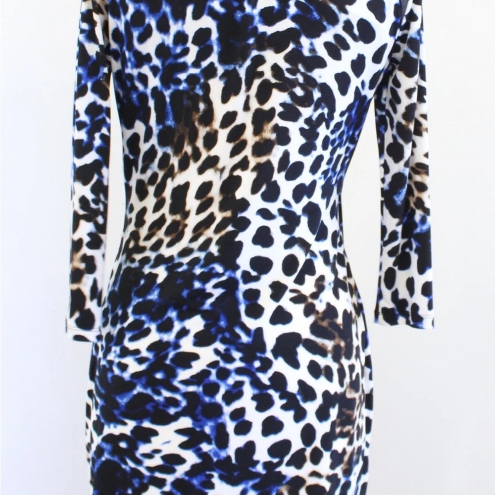 Calvin Klein Cheetah Wrap Dress Women's Large Blue Yellow Cocktail EUC - Picture 10 of 12